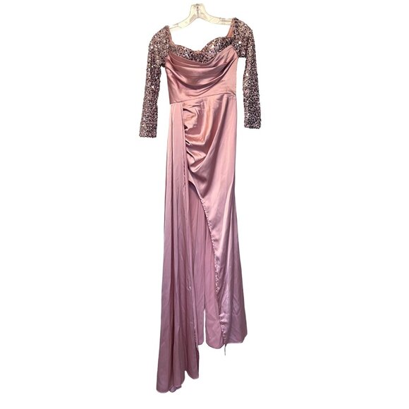 Faeriesty XS Pink Satin & Sequin Long Gown With Draped Front & 3/4 Sleeves - Picture 1 of 5